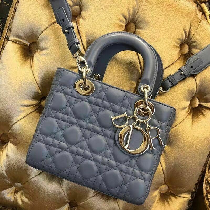 AUTH CHRISTIAN DIOR LADY DIOR GREY LAMBSKIN CANAGE HAND BAG