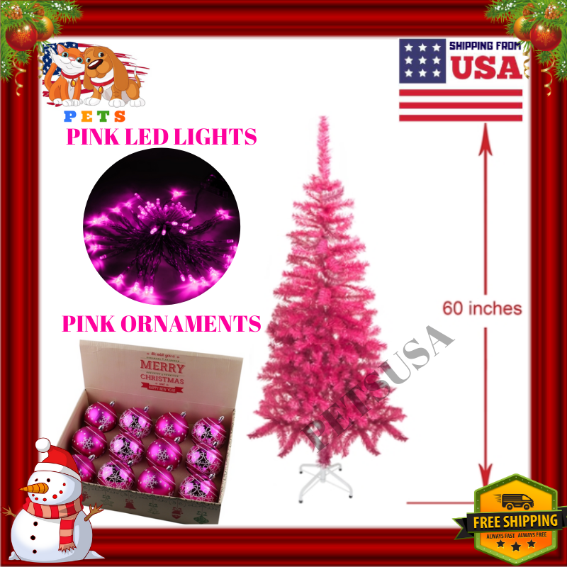 5 Foot Ft Pink Christmas Tree Xmas Ornaments Set Battery Operated Led Lights Ebay