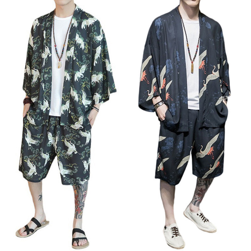 Hommes Chemise Et Ensemble Short Goutte Épaule Kimono Haut Chemisier Demi