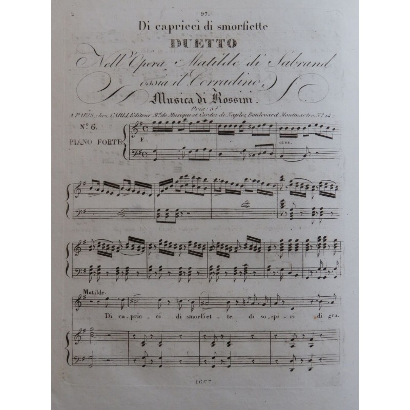 Rossini G. Matilde Di Shabran No 6 Chant Piano Ca1821
