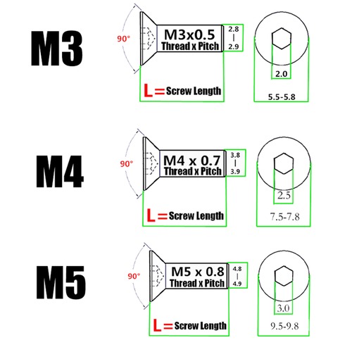 M3 M4 M5 Aluminum Alloy Countersunk Bolts Allen Socket Screws Anodized DIY Model