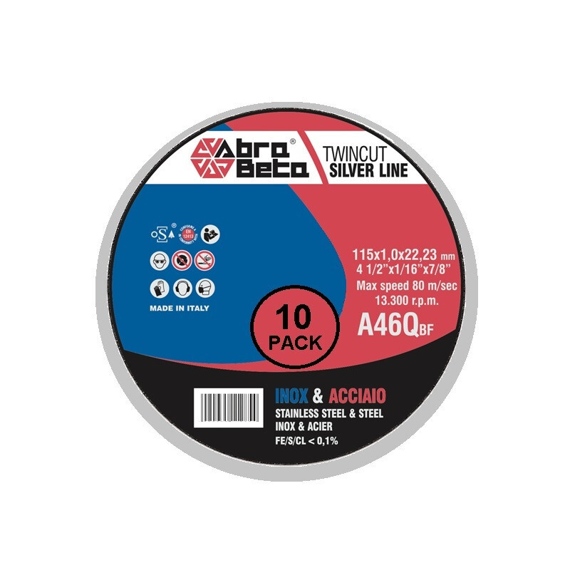 10x BOX DISCHI DISCO DA TAGLIO Ø 115 x 1,0 mm INOX FERRO ACCIAIO ABRA BETA