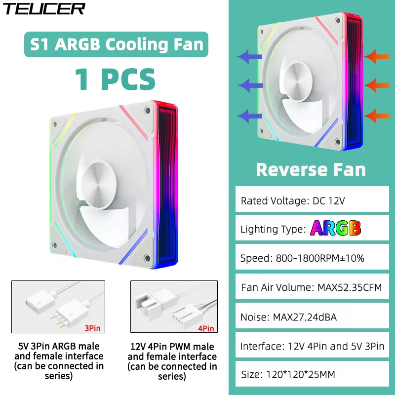 Prism S1 RGB Fan PC 120mm Computer Case Fan Kit Water Cooler 4pin PWM CPU Coolin