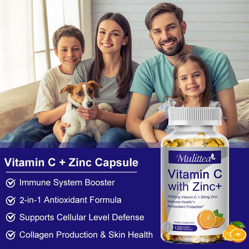 Vitamin C Capsules 1000Mg with Zinc Powerful Immune Support Antioxident 120 Caps