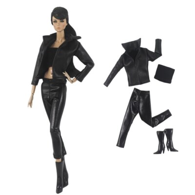 Black Leather Fashion Clothes Set For 11.5'' Doll Outfits Top Coat Pants Boots