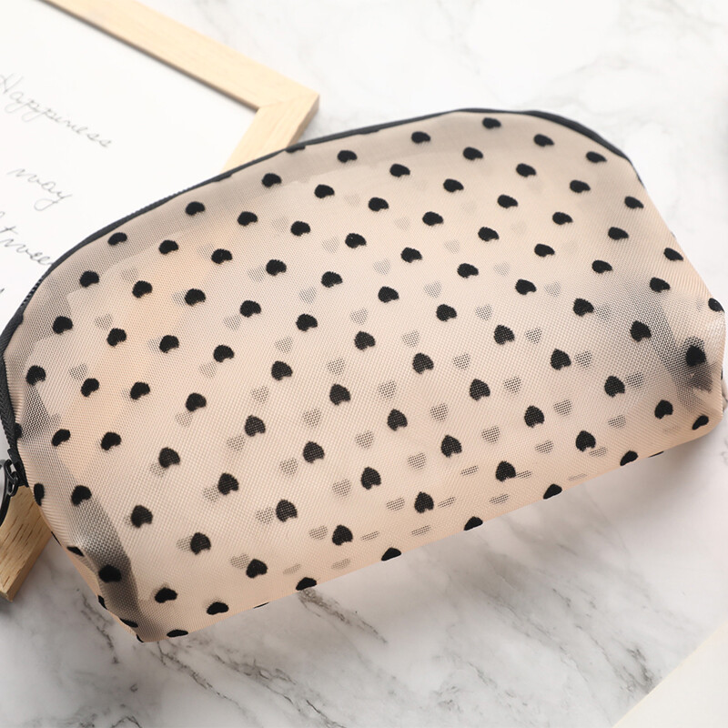 Mesh Cosmetic Makeup Bags Case Holder Zipper Heart Printed Pencil Case Pouc ~ C~