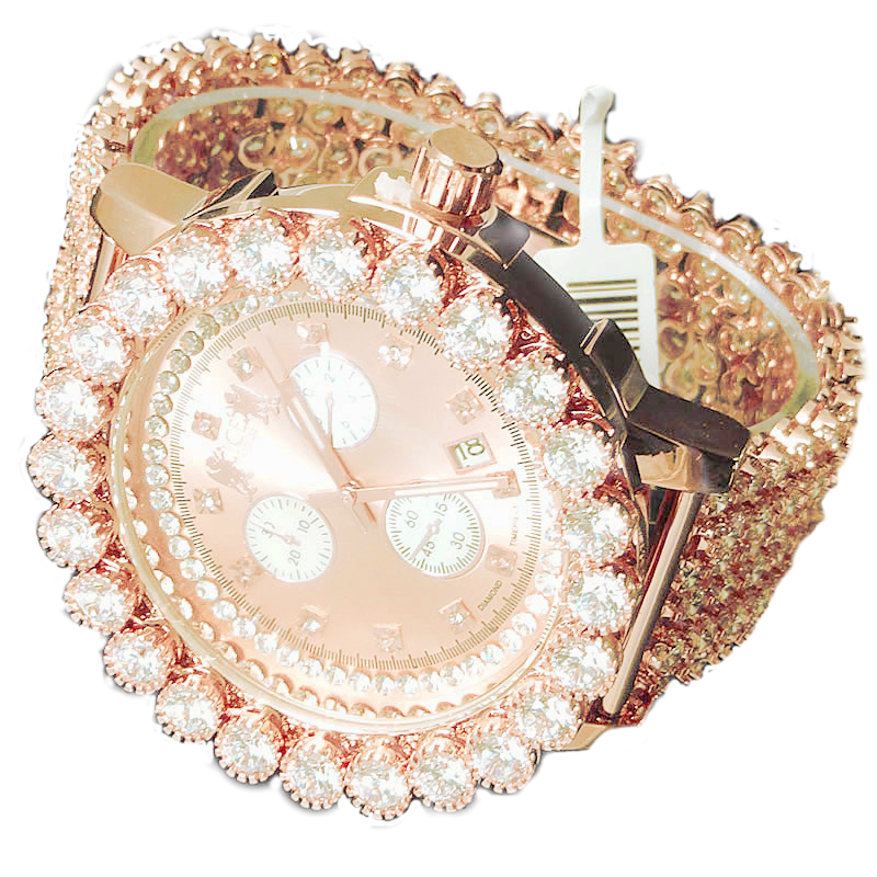 Pre-owned Ice House Genuine Diamond 18k Rose Gold 2 Tone Big Stone Bezel Custom Men  Watch