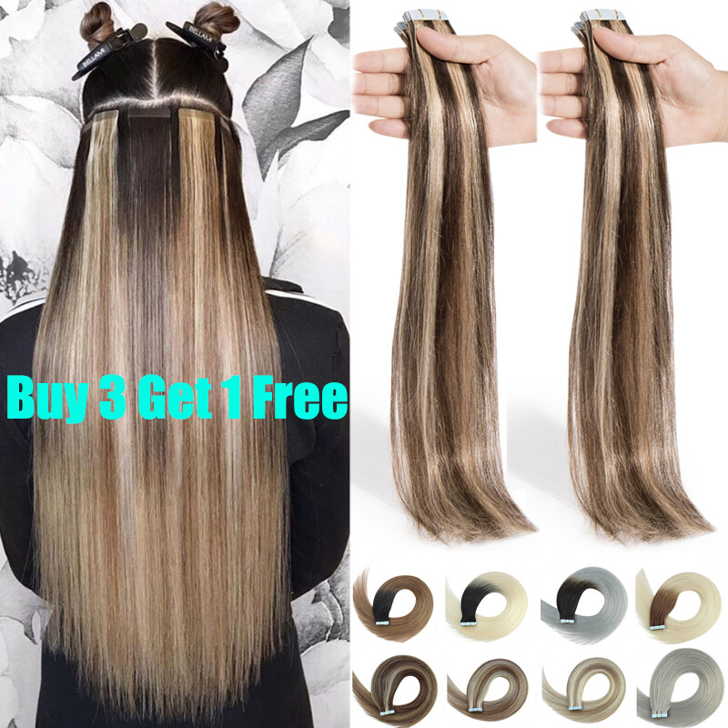 Details About Super Tape In Remy Human Hair Extensions Weft Brown Gray Blonde Balayage 20 Off