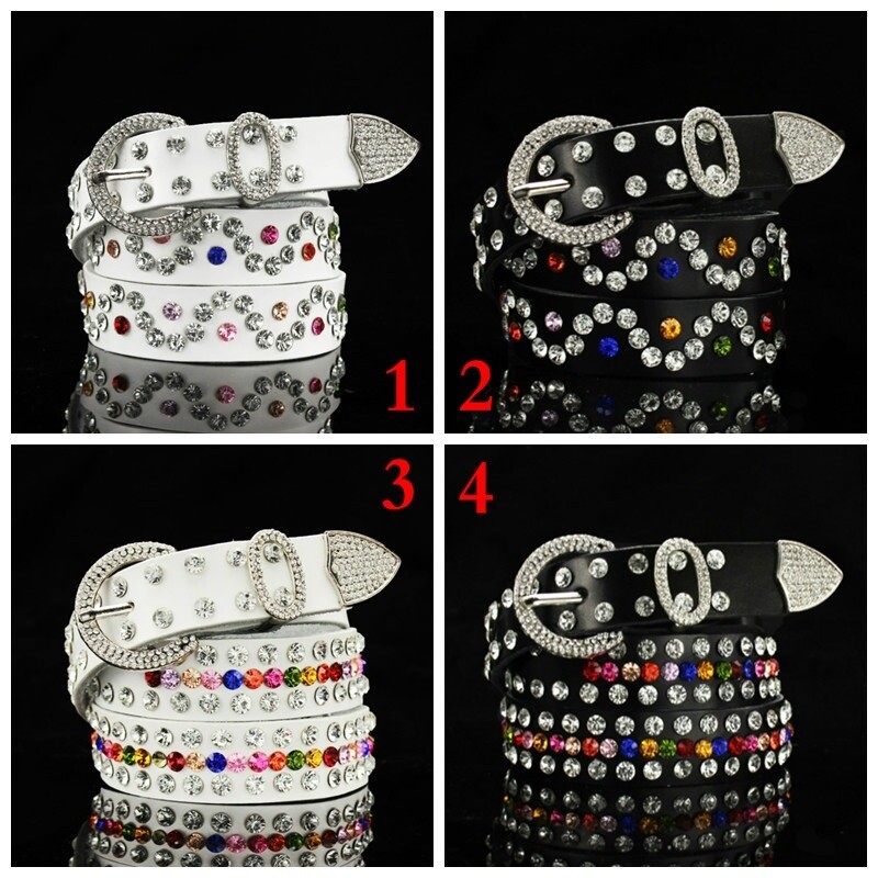 Lady Genuine Leather Belt Multicolor Crystal Glitter Bling Waistband Strap