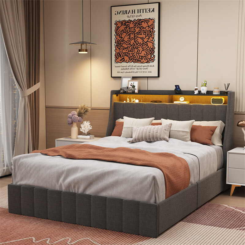 W/rbg Led Storage Shelf Wing Headboard 4 Drawers