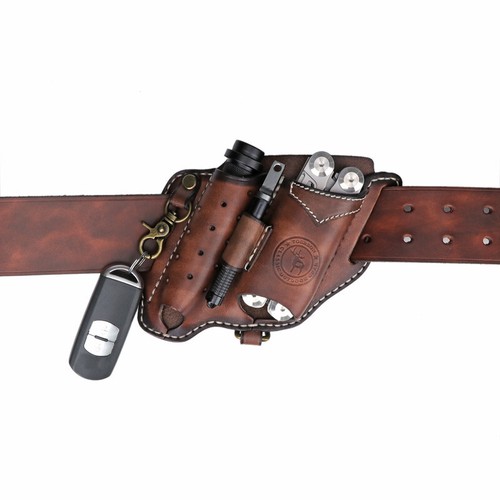 TOURBON Leather 4-in-1 Tool Belt Holster EDC Multitool Flashlight Sheath Utility