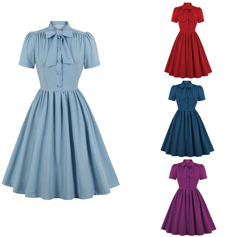 Lady Midi Dress Bow Tie Short Sleeve Retro Swing Pleated Button Elegant New