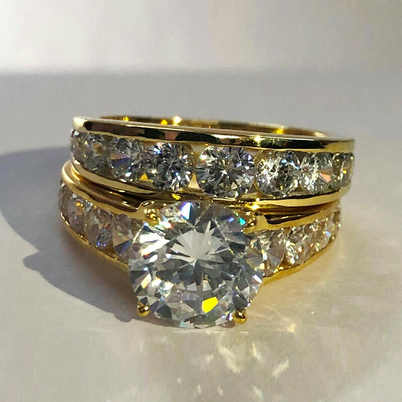 2pcs/set 18k Yellow Gold Plated Ring Women Luxury Cubic Zirconia Jewelry Sz 6-10