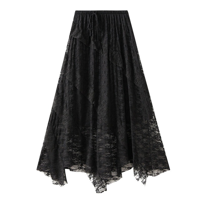 Cute Lace Skirt Lady Spring/Summer Irregular Dress Midi A-line Drawstring Casual