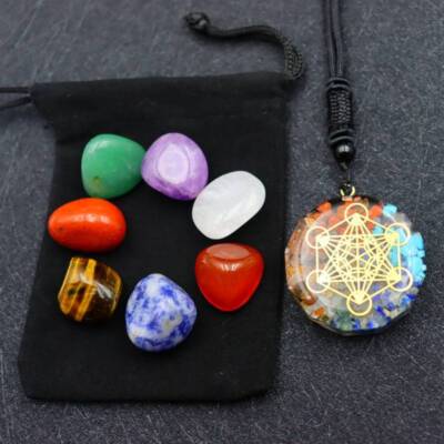 Natural Orgonite Energy Pendant 7 Chakra Healing Crystal Tumbled Stone Set Reiki
