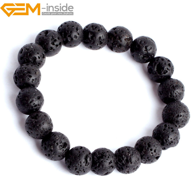 Natural Stone Black Volcanic Lava Sponge Beaded Enegry Stone Bracelet Women 7.5