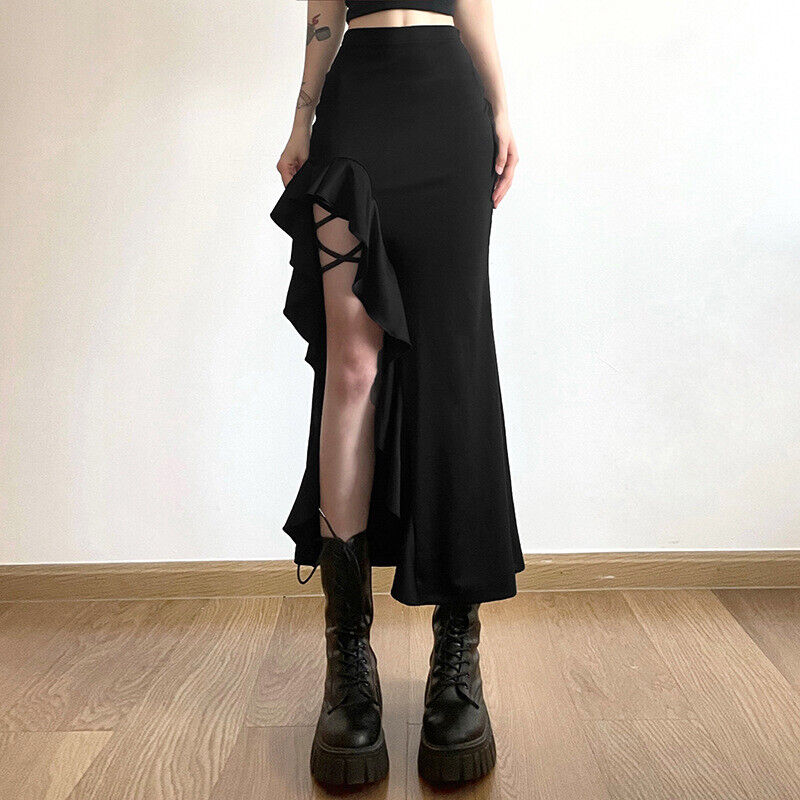 Womens Gothic Summer Slim Dress Black High Waist Ruffles Side Slit Wrap Skirt