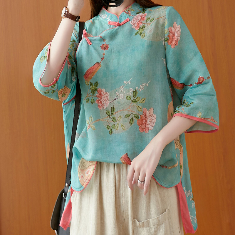 Unmarkiert Baumwollmischung Bluse Grün Mandarinkragen Floral 3/4 Arm Locker
