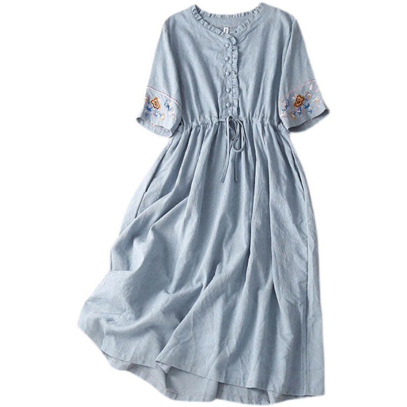 Donna Ricamo Manica Corta Abito Coulisse Tunica Floreale Swing Etnico Rétro