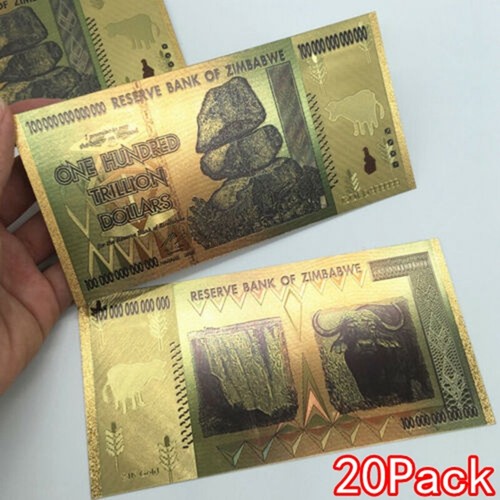 WR 100pcs Zimbabwe 100 Trillion Dollars Banknotes Color Gold Bill //w Certificate