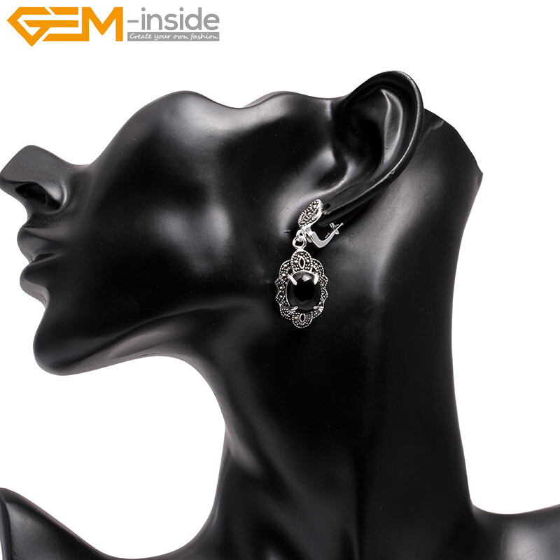 Dangle Oval Silver Turquoise Shell Clip On Marcasite Beads Jewelry Earring Women