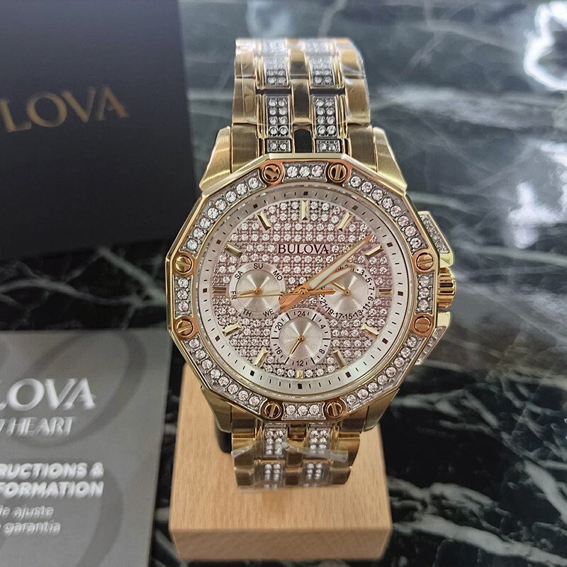 Pre-owned Bulova 98c126 Men's Crystal Octava Quartz Watch Silver Gold Dial 41.5mm