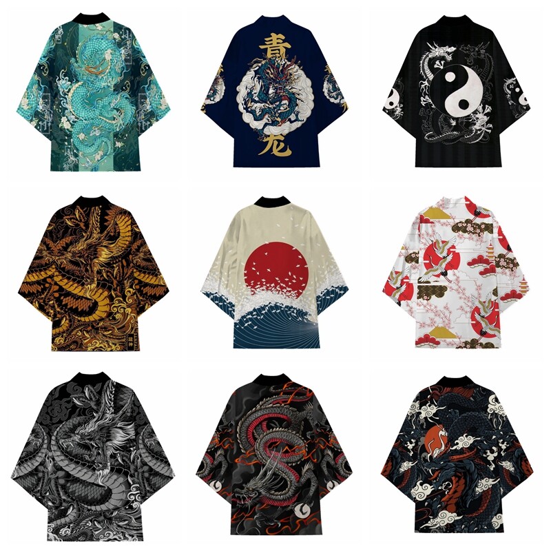 Men Japanese Kimono Dragon 3/4 Sleeve Open Front Coat Bathrobe Loose Yukata