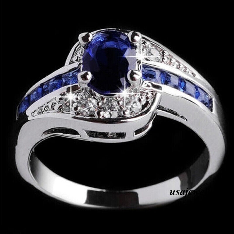2.90CT Oval Cut Real Blue Sapphire 14K White Gold Finish Engagement Jewelry Ring