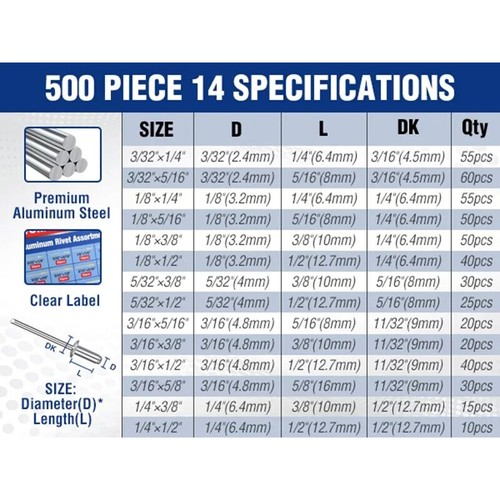 500PC Pop Rivets Assortment Kit Aluminum Blind Rivets 14Size Blind Rivet