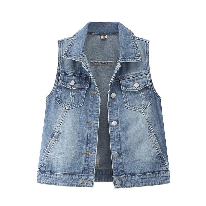 Femme Slim Jeans Gilet Décontracté sans Manche Veste Jean Haut Bleu
