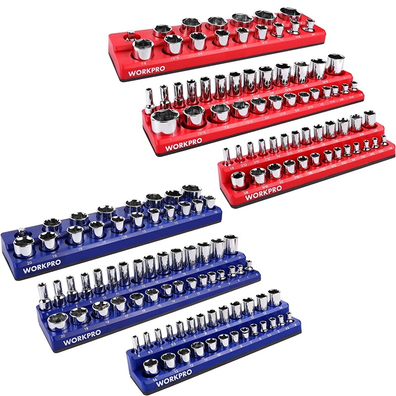 WORKPRO Magnetic Socket Organizer Set 1/4" 3/8" 1/2" Dr Metric SAE Socket Holder
