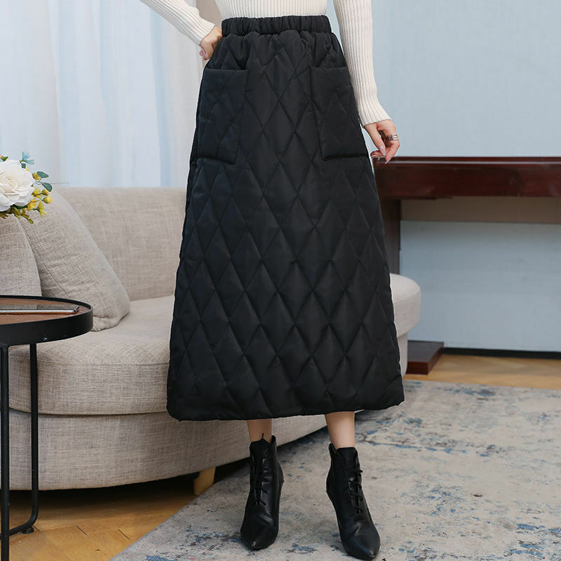 Damen Winter Stepprock Mit Taschen A-Linie Lang Elastischer Bund Gepolstert