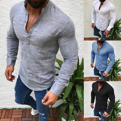 Herren VAusschnitt Stehkragen Leinenhemd T Shirt Slim Fit Langarm Sommerhemden