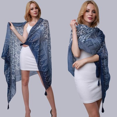 Women Pretty Blue and White Scarf Silk Scarf Tassel Long...