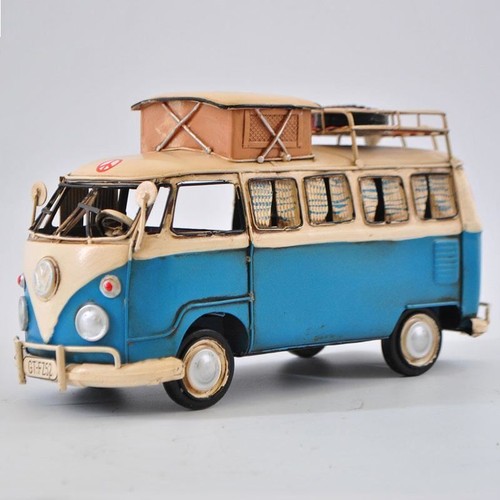 Blue and White Kombi with Roof Rack Classic German Artwork Figurine