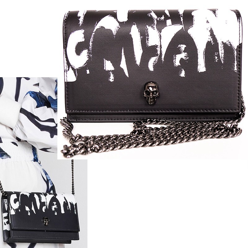 バッグ (^^) NEW $1290 ALEXANDER MCQUEEN Black WHITE GRAFFITI Leather