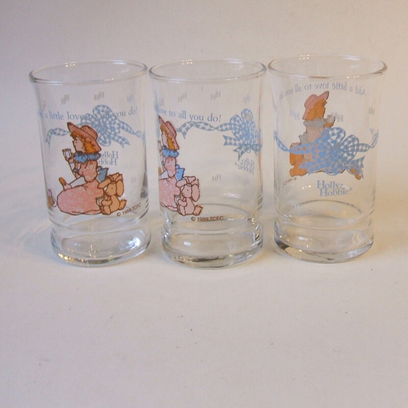 Holly Hobbie Glasses 1989 TCFC 3  Libbey Juice Glasses Add a Little Love