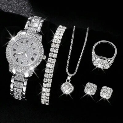 Watch Gift Set for Women Ladies Silver Rhinestone 5 Pieces of Jewellery