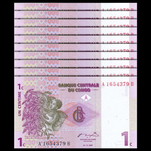 Lot 10 PCS, Congo Democratic Republic 1 Cent, 1997, P-80, UNC