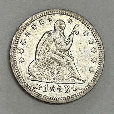 1853 Arrows Rays Silver Seated Quarter About Uncirculated Details