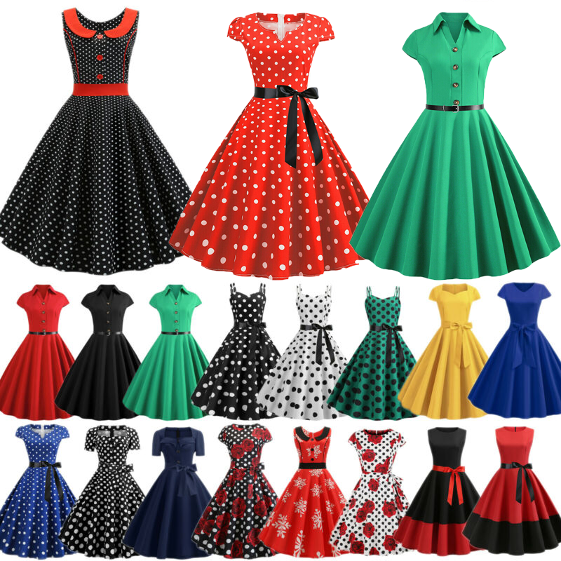 Frauen Rockabilly Hepburn Swing Kleid 50er Vintage Petticoat Cocktail Partykleid