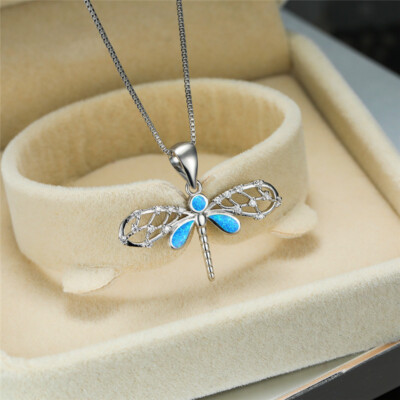 Fashion Silver Blue Simulated Opal Zircon Dragonfly Pendant Necklace Jewelry
