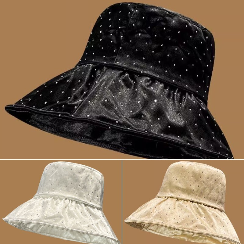 Women Satin Rhinestone Bucket Hat Fisherman Cap Sunhat Wide Brim Soft Casual