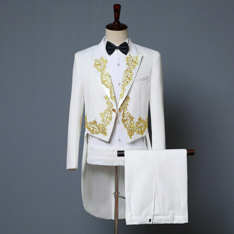 Mens Embroidered Peak Lapel Tuxedo Tailcoat Suit Jacket Pants Prom Wedding