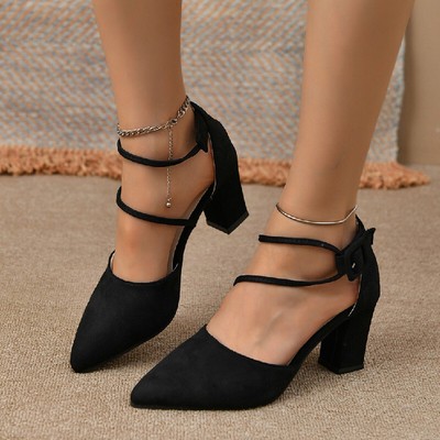Women Pumps sandalsPointy Toe Block Heel Cross Strap Faux Suede Court Shoes Size