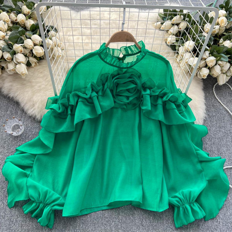 Damen Rüschen Blume Durchsichtig Netz Bluse Top Passform Puffärmel Retro Dünn