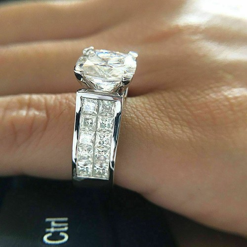 Certified 5.25Ct Round White Moissanite Engagement Ring in Solid 14k White Gold