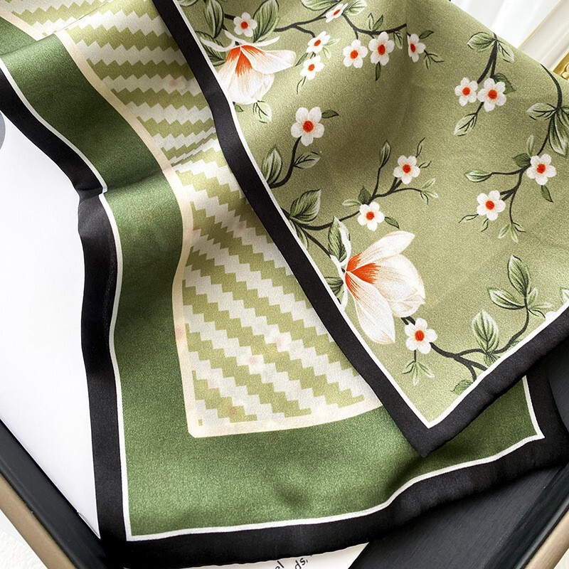 Double side 100% Silk Scarf Women Vintage Green Flower Striped Long Scarf 150*15