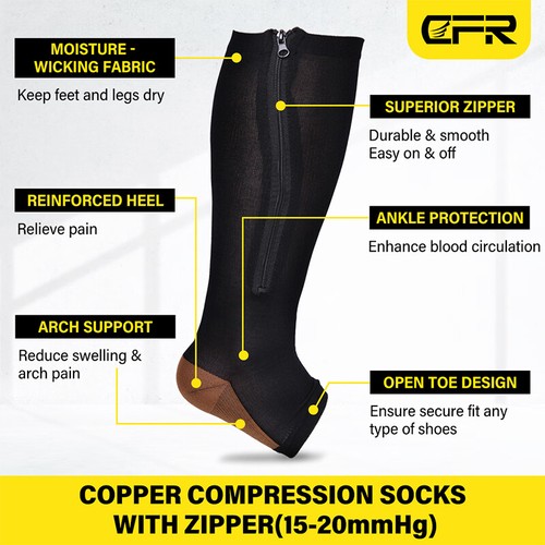 Copper Zipper Compression Socks Support Graduated Stockings Women Mens 20-30mmHg