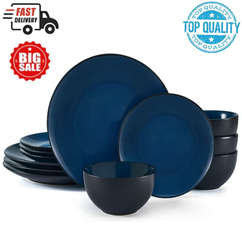 12 PCS Stoneware Dinnerware Set Plates Bowls Dishes Square Dinner Kitchen Blue